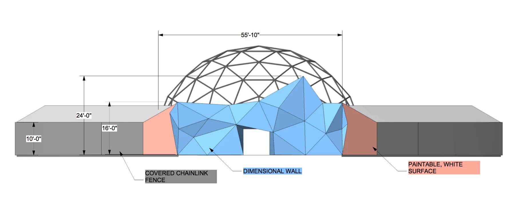 Dimensioned front elevation of the façade and dome