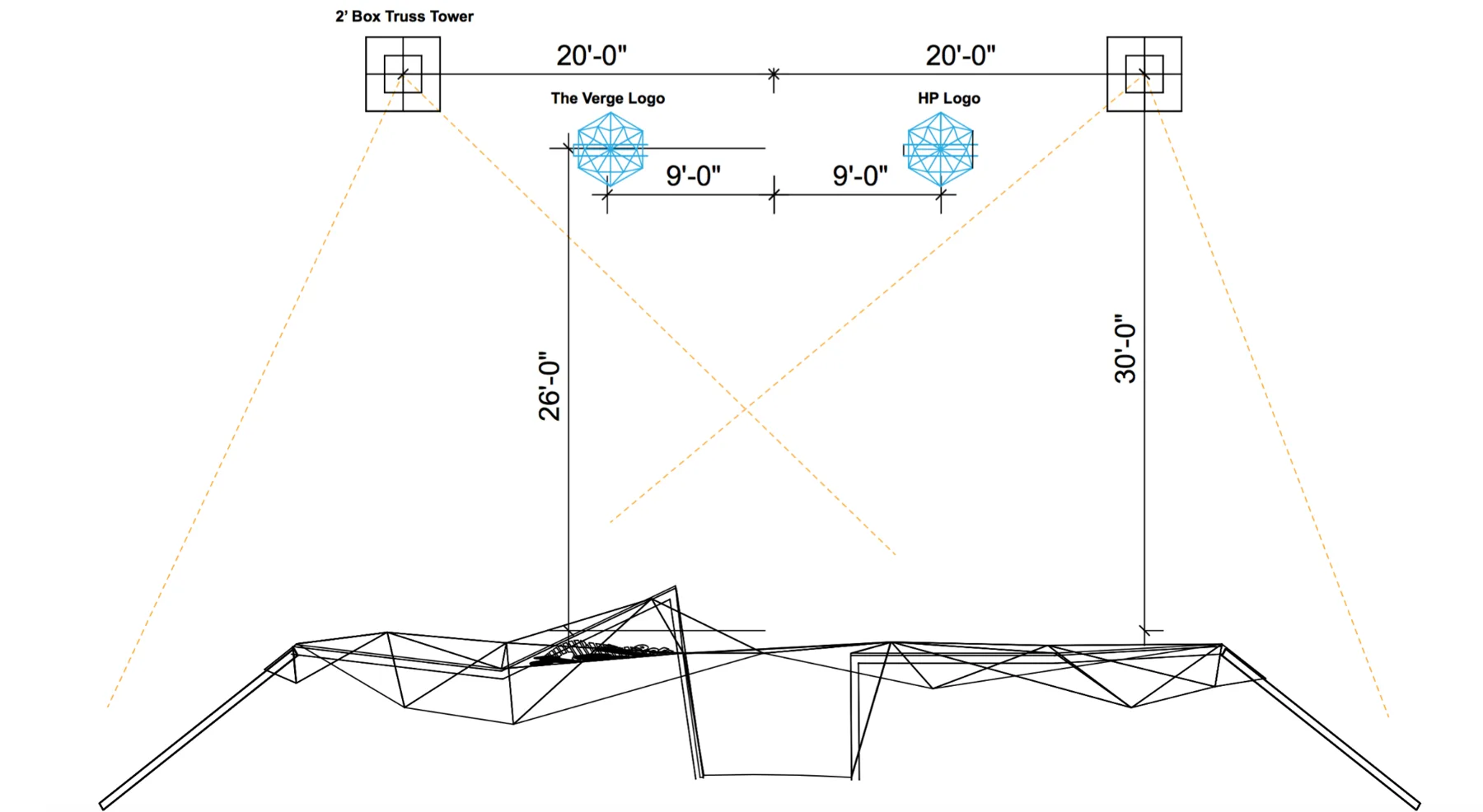 Drawing of projector tower positions in front of the façade