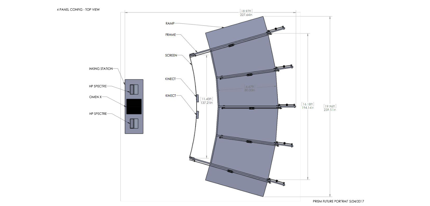 Future Portrait technical drawing showing the curved screen, depth sensors, ramp and inking station