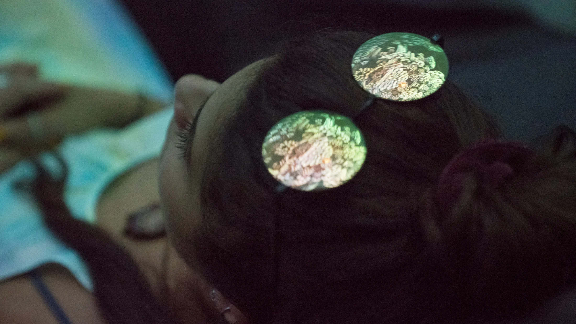 A close view of an installation surface and a visitor's hands