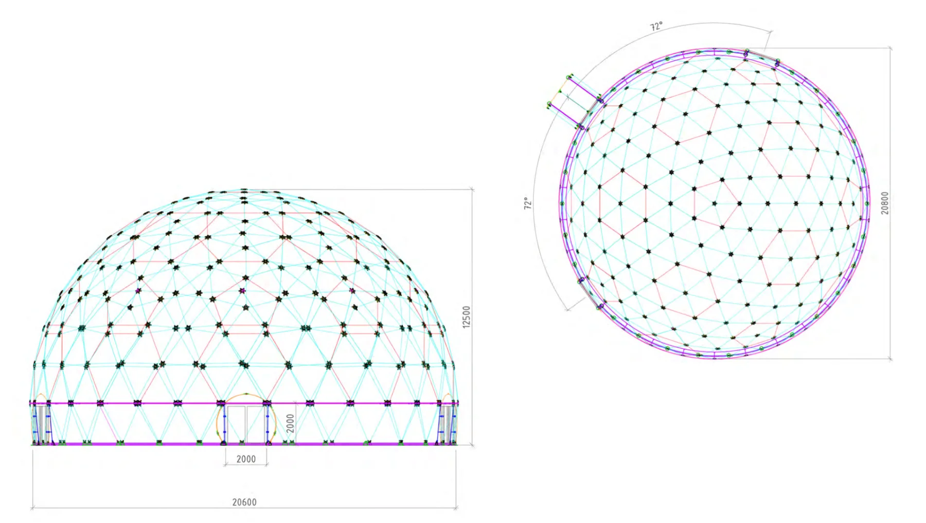 Elevation and overhead geometry drawings of the geodesic dome